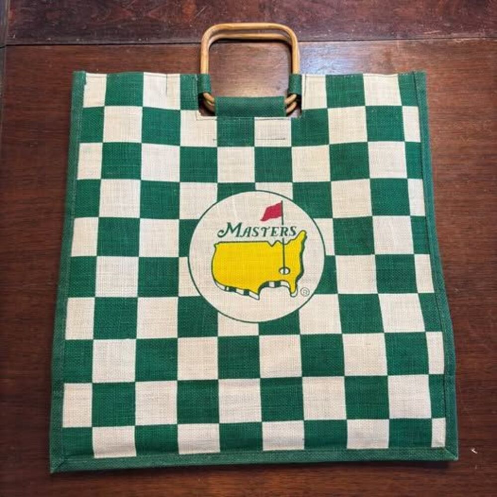 Masters Tournament Jute Tote Bag - Green/White Checkered with Bamboo Handles